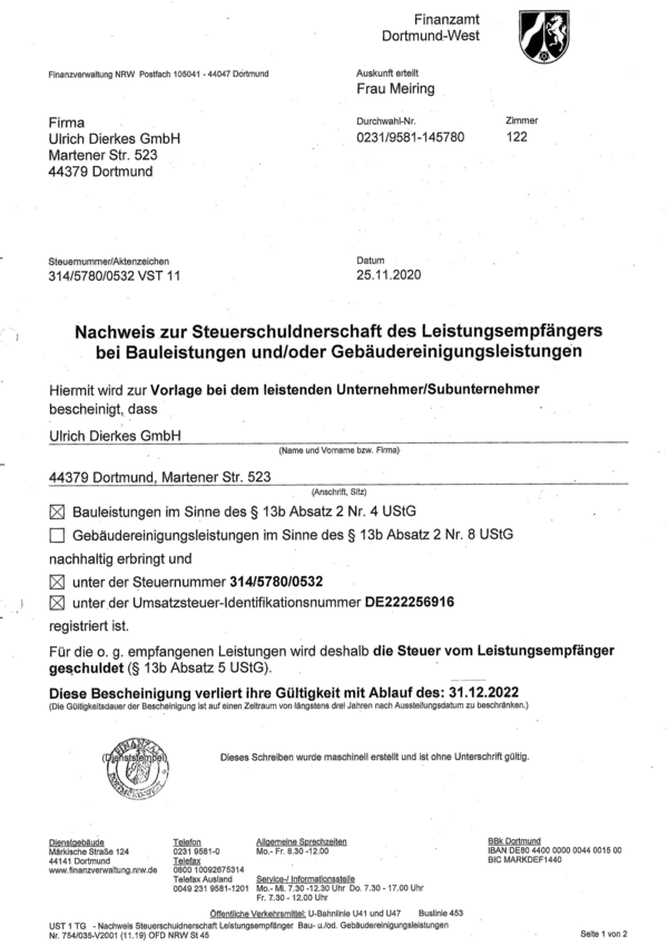 Nachweis zur Steuerschuldnerschaft des Leistungsempfängers Bauleistungen nach § 13 Abs. 2 für die Firma Ulrich Dierkes GmbH